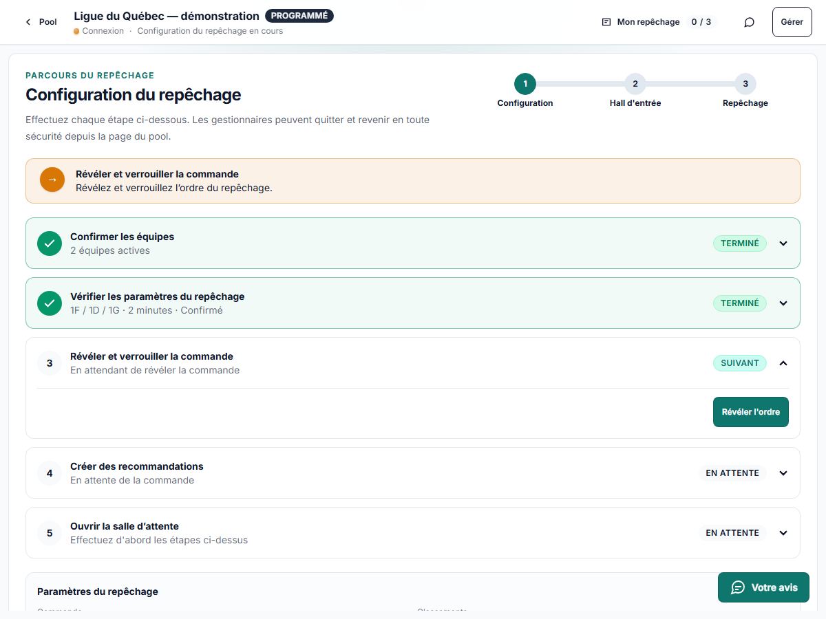 Configuration d’un repêchage PoolForge en français dans un pool de démonstration